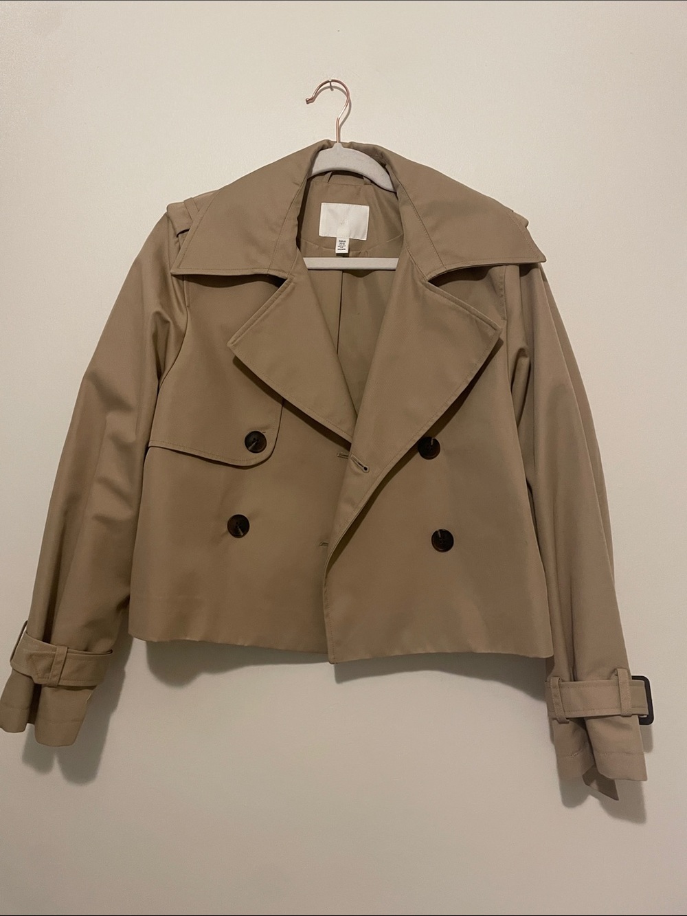 Cropped Tan Double-Breasted Trench Jacket